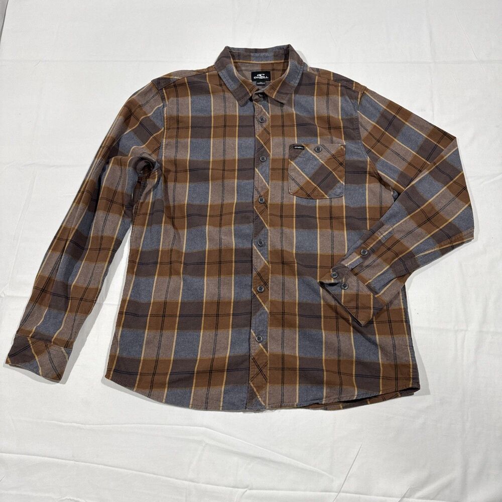 O’Neill Mens Long Sleeve Plaid Casual Dress Shirt Large L Gray/Brown/Black